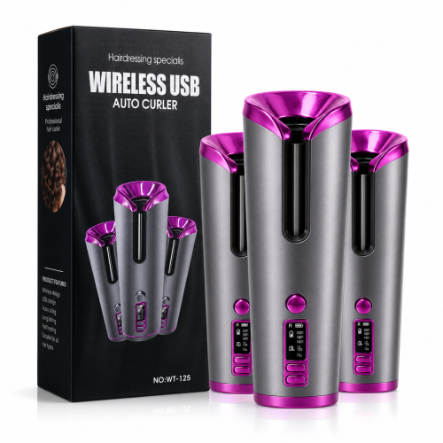 Bezprzewodowa automatyczna lokówka do włosów Wireless USB Auto Curler WT-125 z wyświetlaczem, regulacją temperatury i ładowaniem USB – szaro-różowa.
